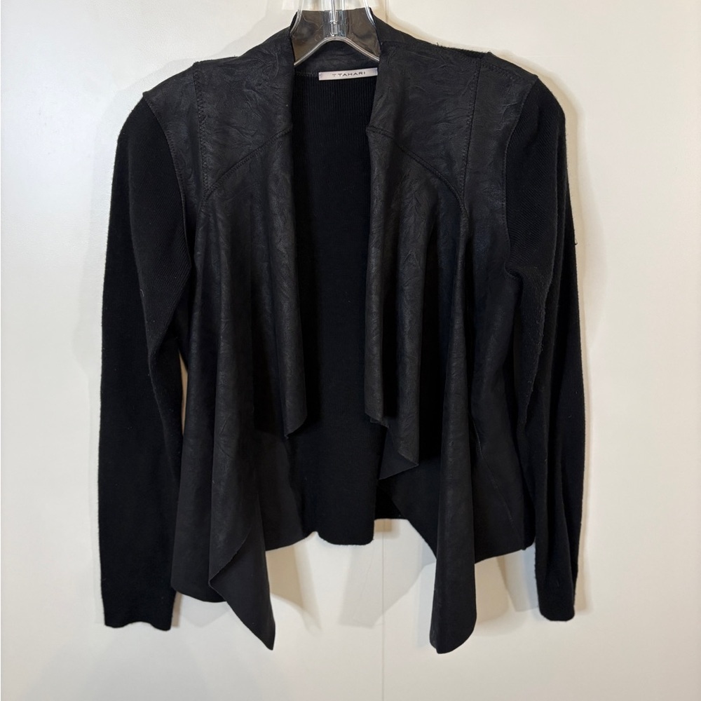 T Tahari Black Vegan Leather & Wool Blend Knit Open Front Moto Cardigan